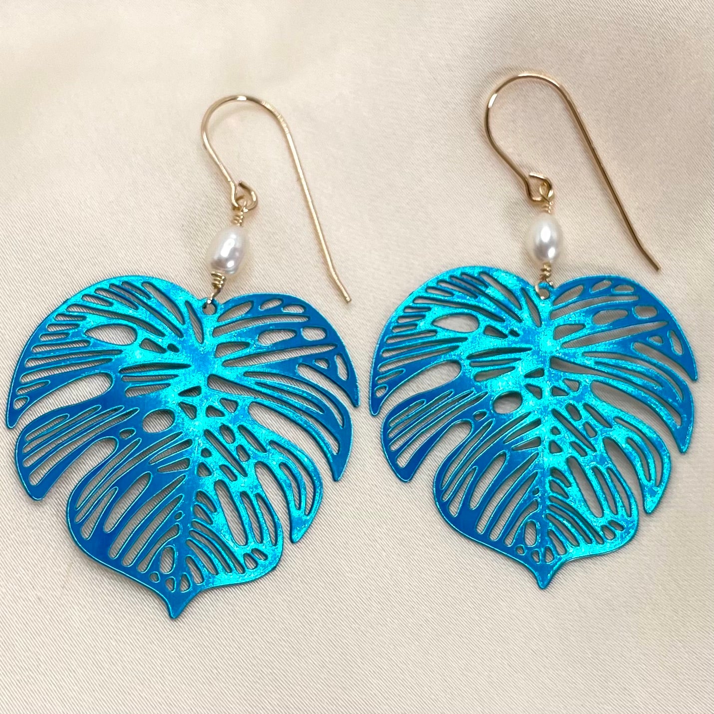 Metallic Teal Monstera Earrings