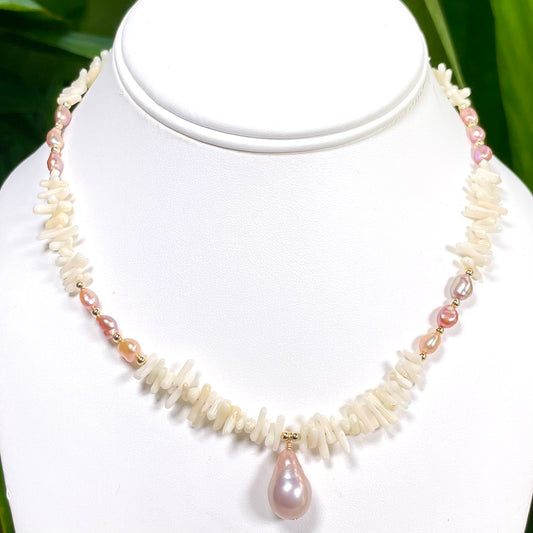 White Coral Pink Pearl Necklace