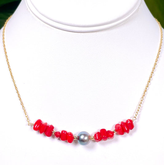 Red Coral Tahitian Pearl Bar Necklace