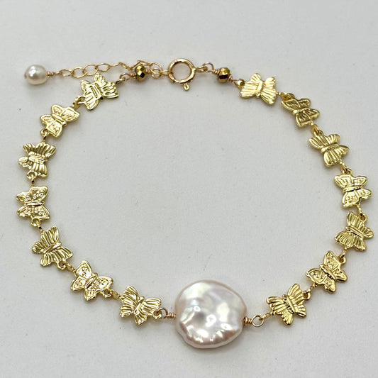 White Keshi Pearl Butterfly Bracelet