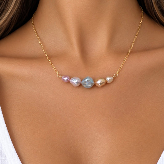 Multi Color Pink Keshi Pearl Bar Necklace