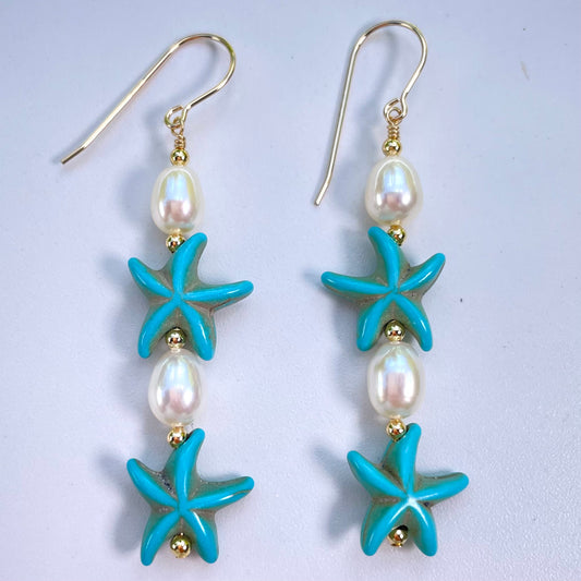 Teal Starfish White Pearl Earrings