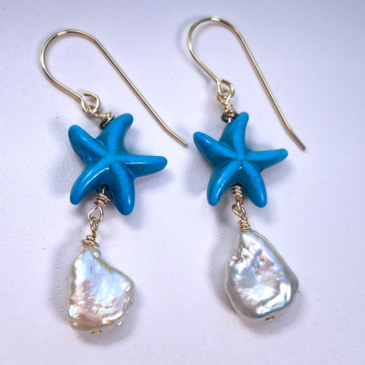 Blue Starfish Keshi Earrings