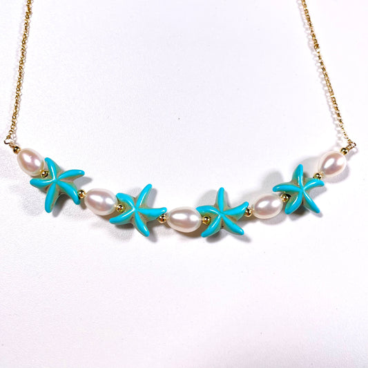 Teal Starfish White Pearl Necklace