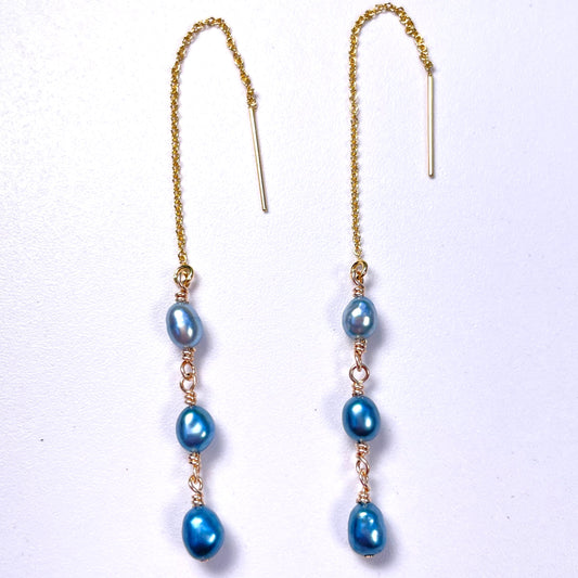 Triple Blue Tahitian Keshi Threader Earrings