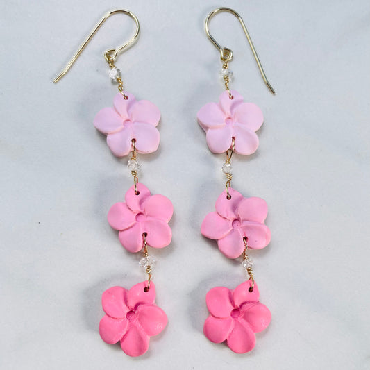 Pink Triple Plumeria Clay Earrings