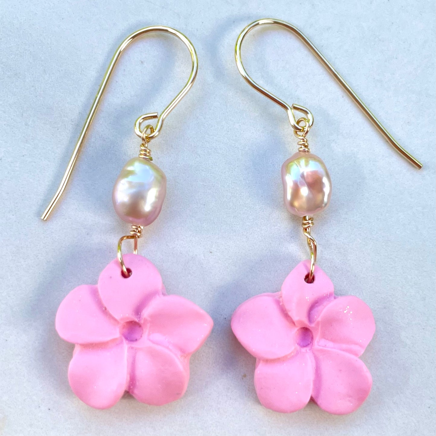 Pink Plumeria Keshi Clay Earrings