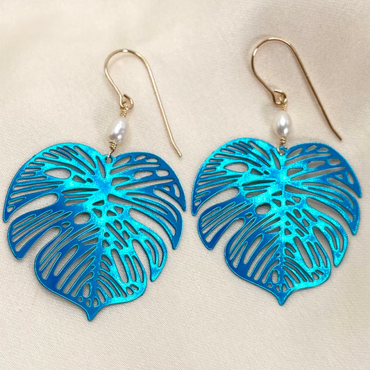 Metallic Teal Monstera Earrings