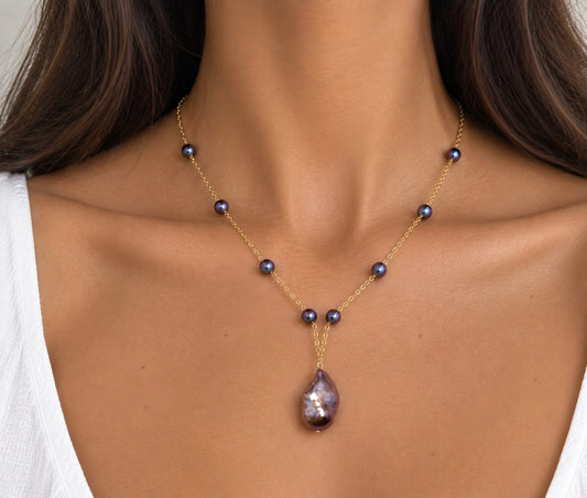 Dark Purple Keshi Pearl Drop Necklace