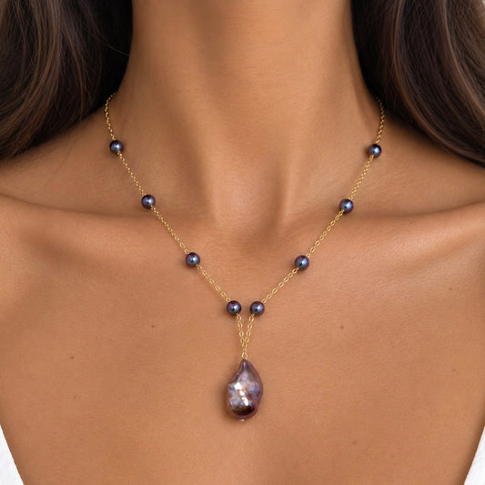 Dark Purple Keshi Pearl Drop Necklace