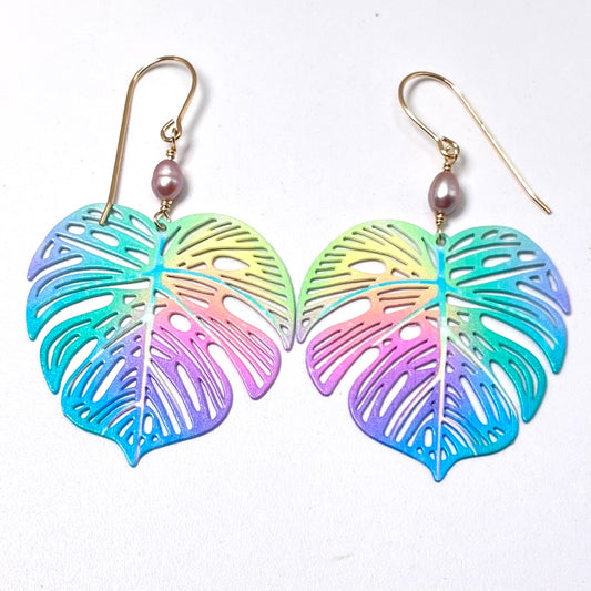 Pastel Rainbow Monstera Earrings