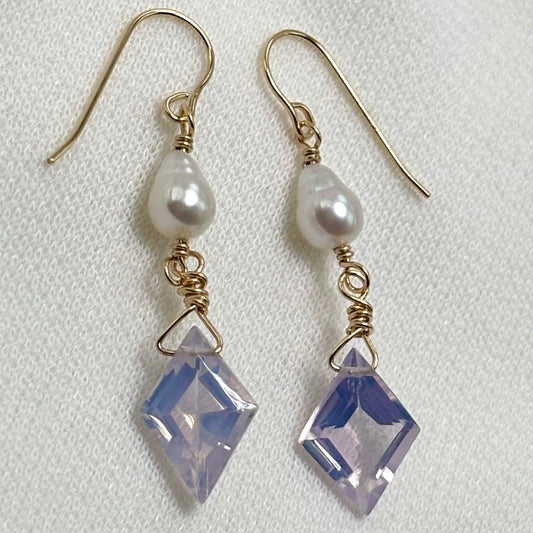 Lavender Quartz White Pearl Earrings