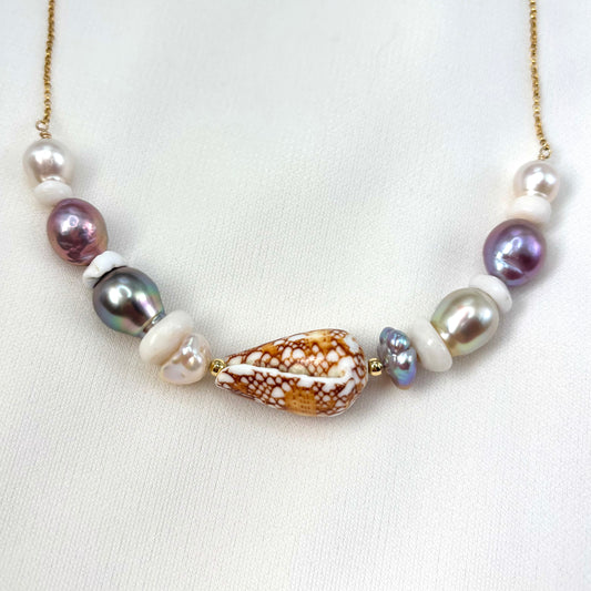 Textile Cone Shell Rainbow Pearl Necklace