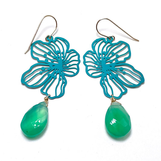 Teal Flower Green Onyx Earrings