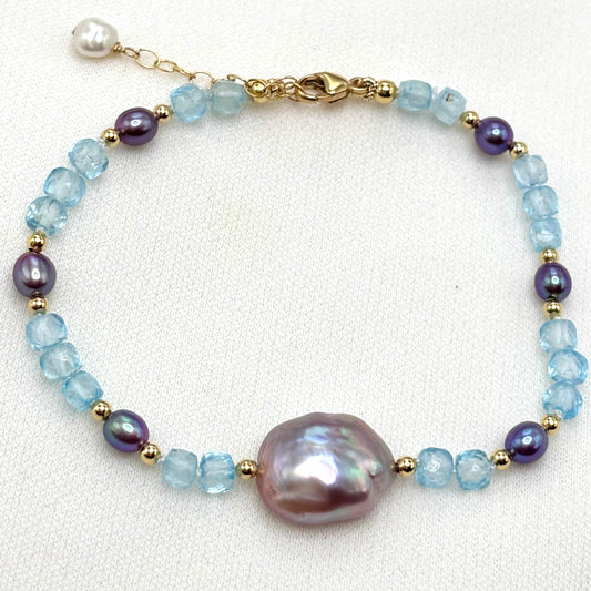 Blue Topaz Dark Purple Keshi Pearl Bracelet