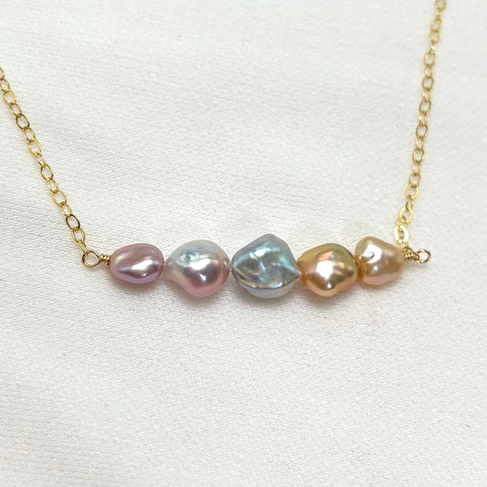 Multi Color Pink Keshi Pearl Bar Necklace