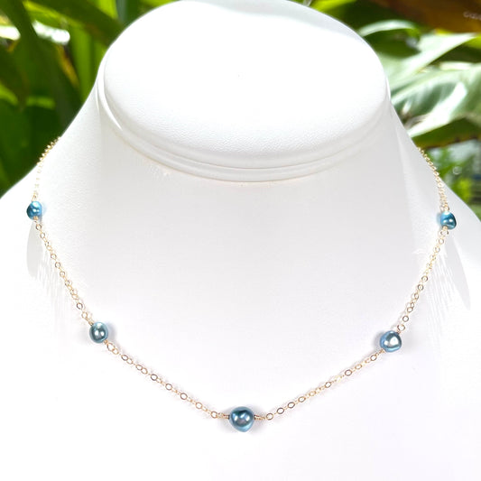 Blue Tahitian Keshi Pearl Love Necklace