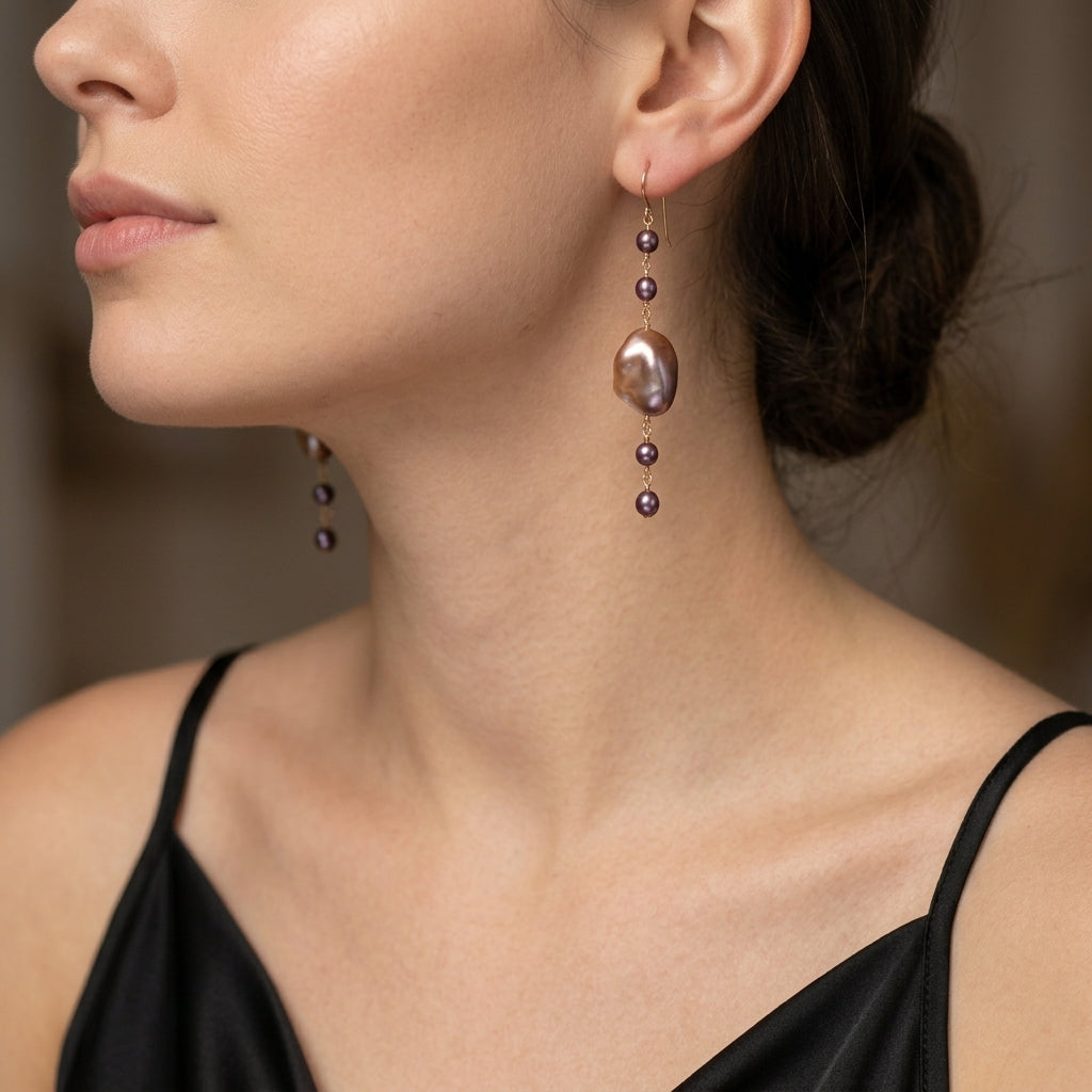 Dark Purple Keshi Pearl Drop Earrings