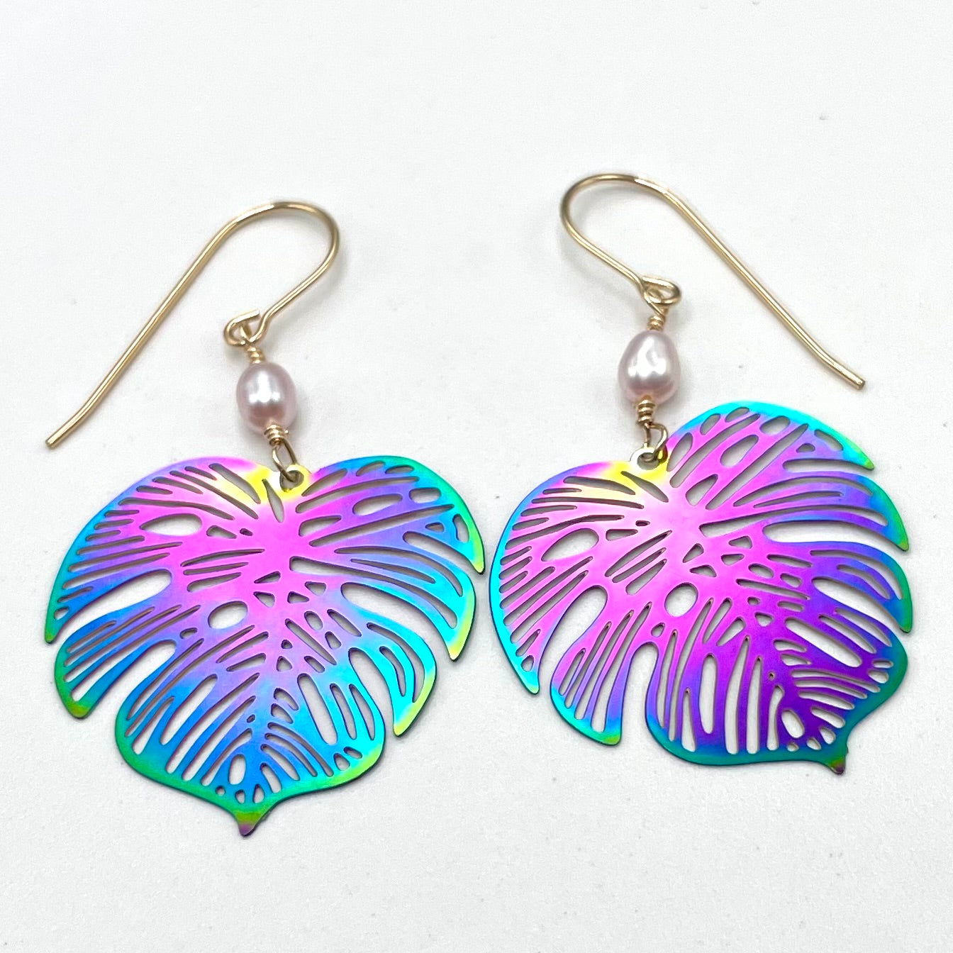 Metallic Rainbow Monstera Earrings