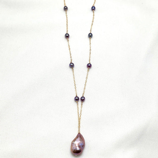 Dark Purple Keshi Pearl Drop Necklace