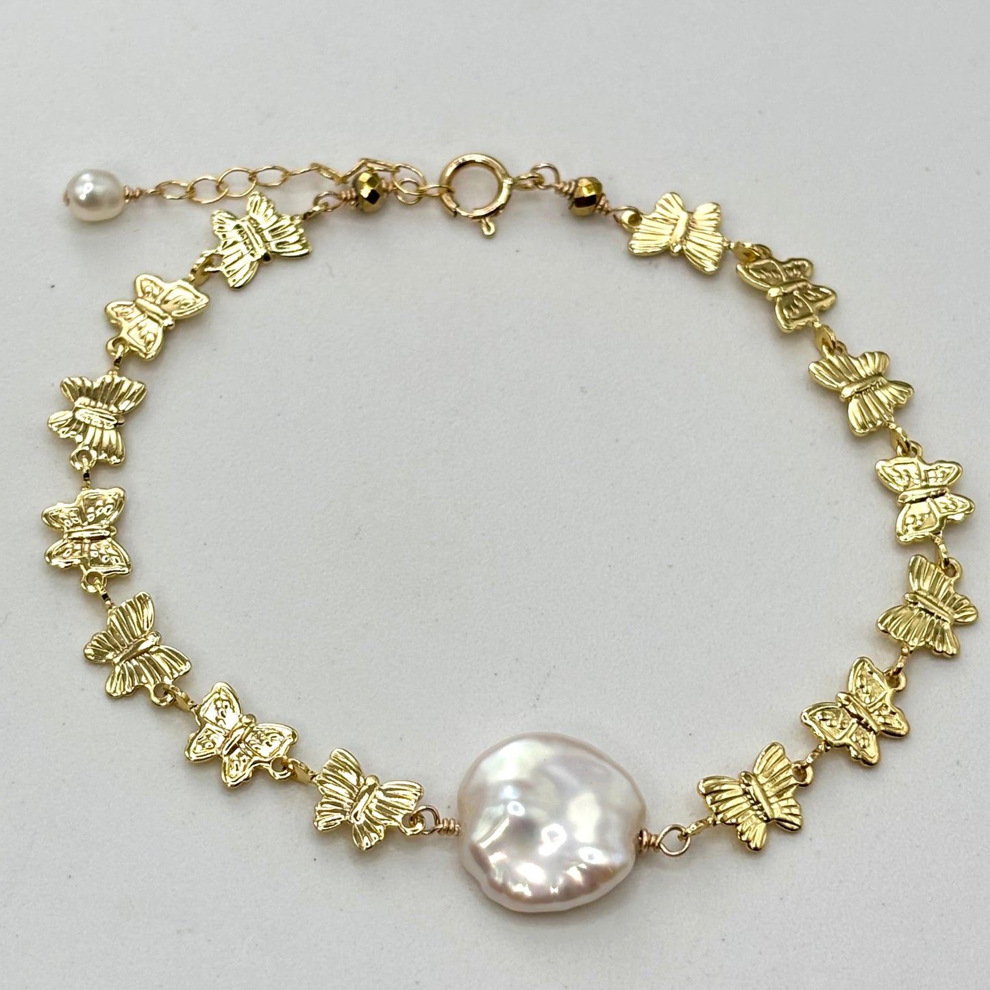 White Keshi Pearl Butterfly Bracelet