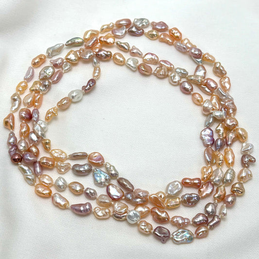 Multi Color Pink Keshi Pearl Rope Strand Necklace