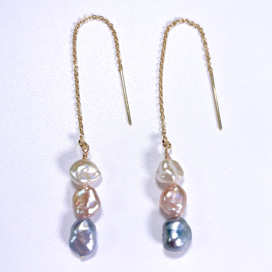 Tricolor Periwinkle Tahitian Keshi Threader Earrings