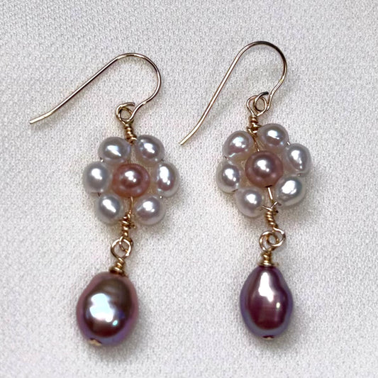 Purple Keshi Pearl Daisy Earrings