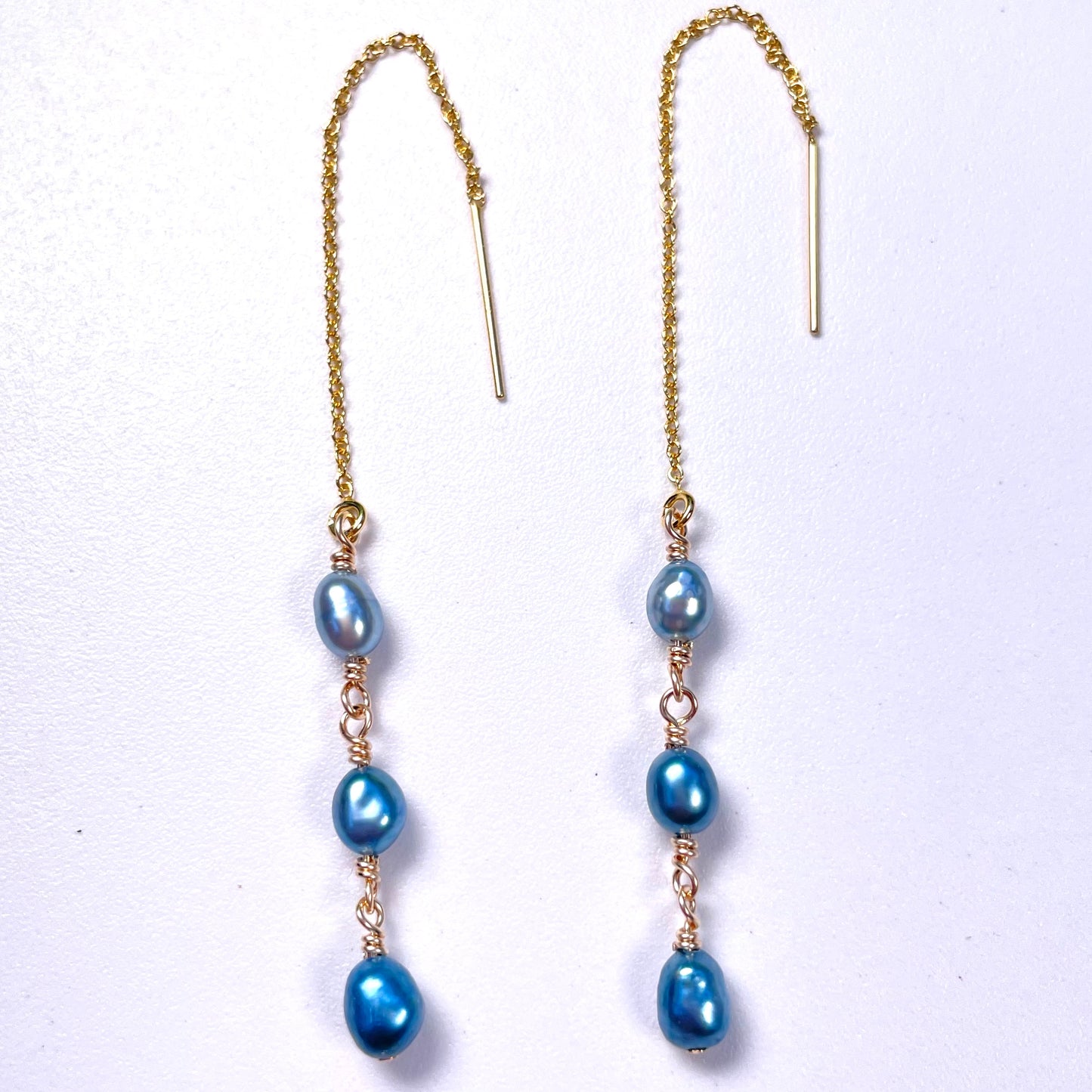 Triple Blue Tahitian Keshi Threader Earrings