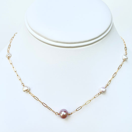 Pink Freshwater Pearl White Keshi Necklace