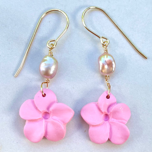 Pink Plumeria Keshi Clay Earrings