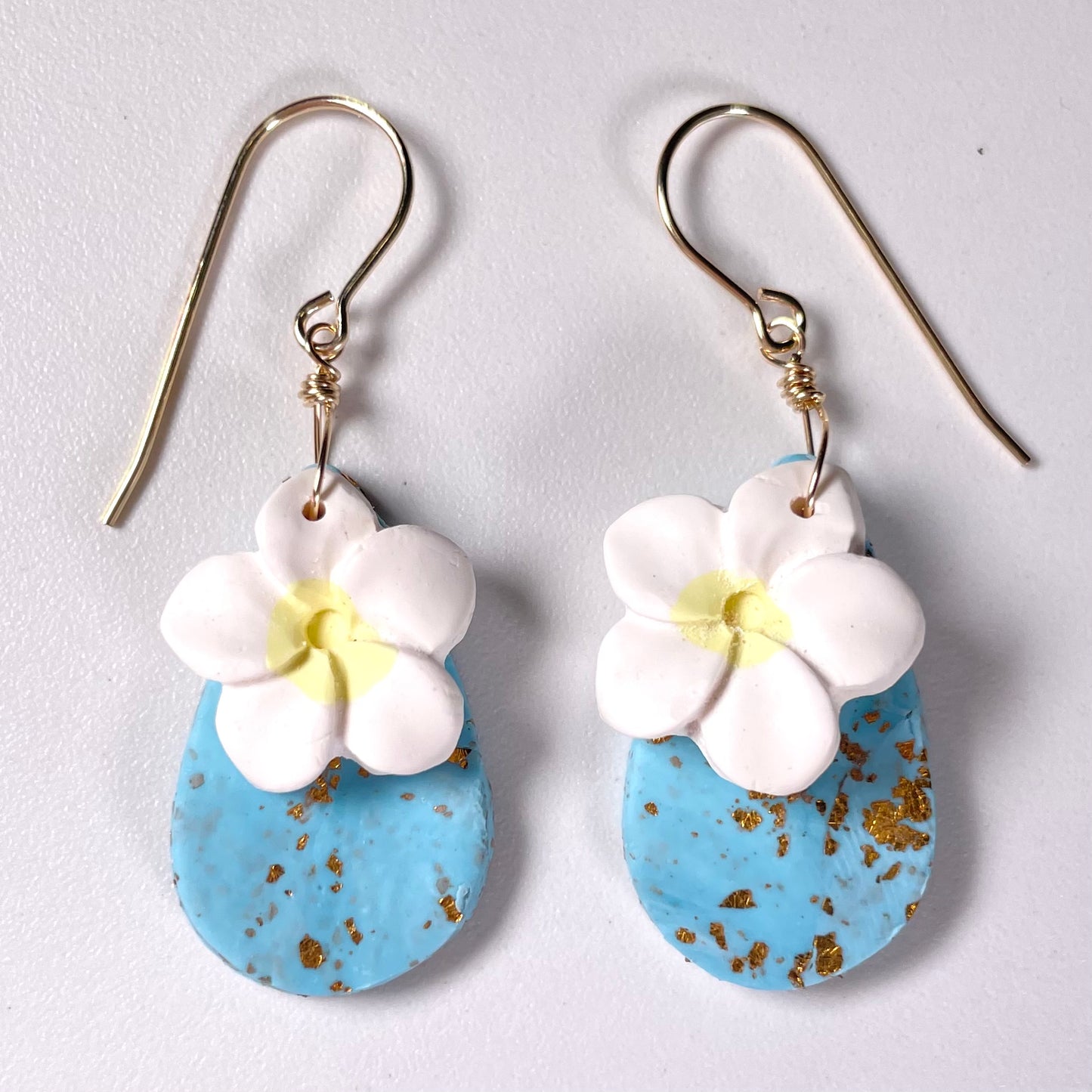 Plumeria Blue Teardrop Clay Earrings